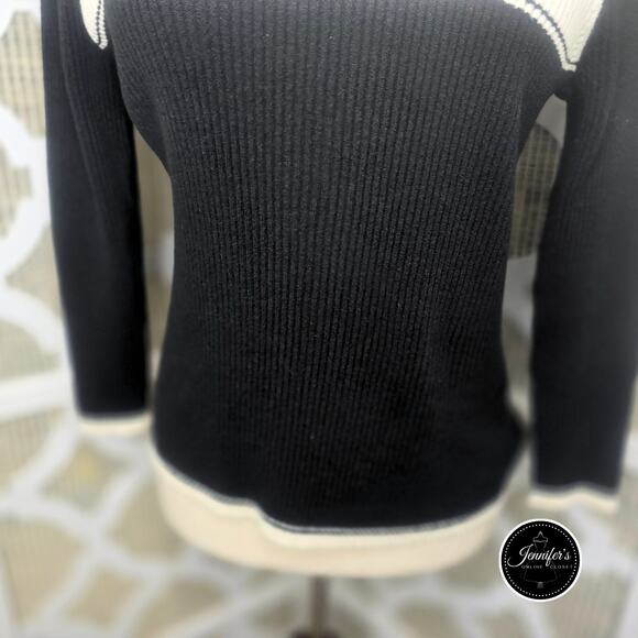Talbots Petites Black and Cream 3/4 Sleeve Ribbed Pull Over Sweater Size Small - Picture 4 of 9
